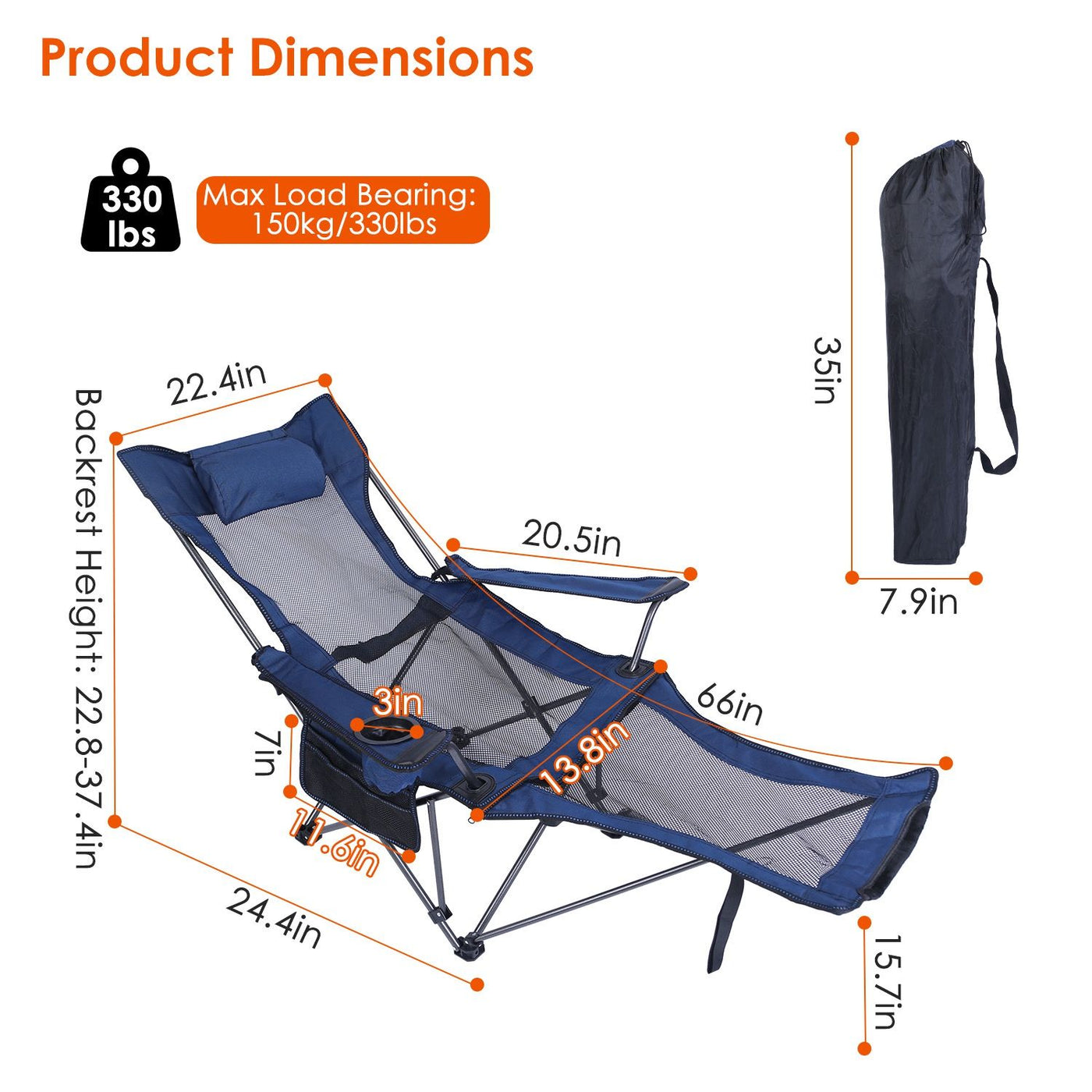 Foldable Camping Chair Collapsible Reclining Chair 330LBS Load Heavy Duty Steel Lawn Chair with Reclining Backrest Angle Cup Holder Pillow Side Pocket Carry Bag