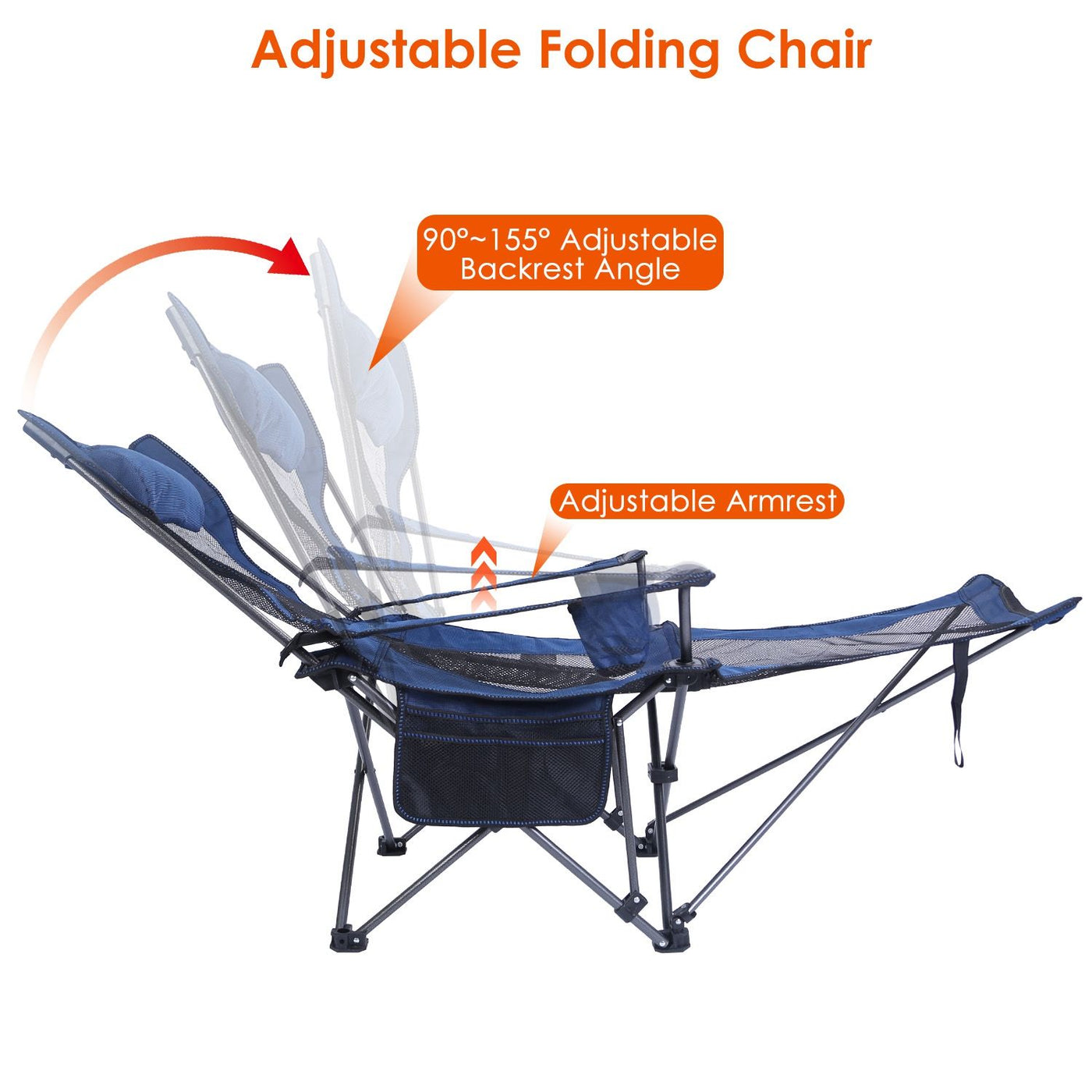Foldable Camping Chair Collapsible Reclining Chair 330LBS Load Heavy Duty Steel Lawn Chair with Reclining Backrest Angle Cup Holder Pillow Side Pocket Carry Bag