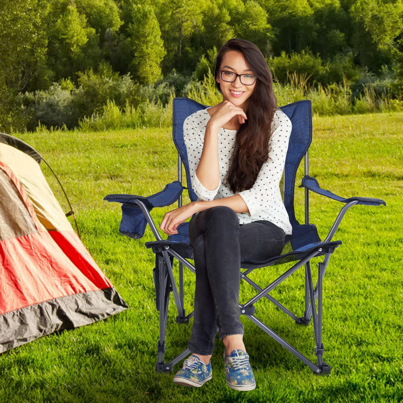 Foldable Camping Chair Collapsible Reclining Chair 330LBS Load Heavy Duty Steel Lawn Chair with Reclining Backrest Angle Cup Holder Pillow Side Pocket Carry Bag