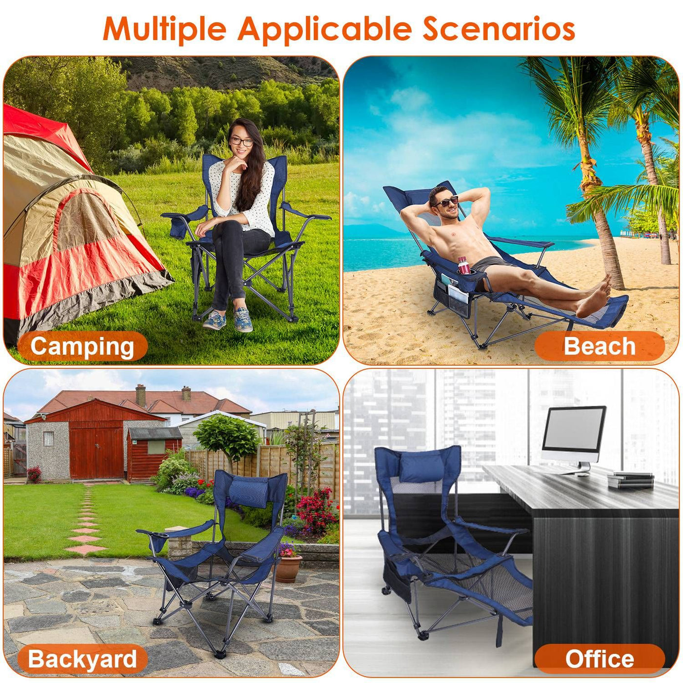 Foldable Camping Chair Collapsible Reclining Chair 330LBS Load Heavy Duty Steel Lawn Chair with Reclining Backrest Angle Cup Holder Pillow Side Pocket Carry Bag