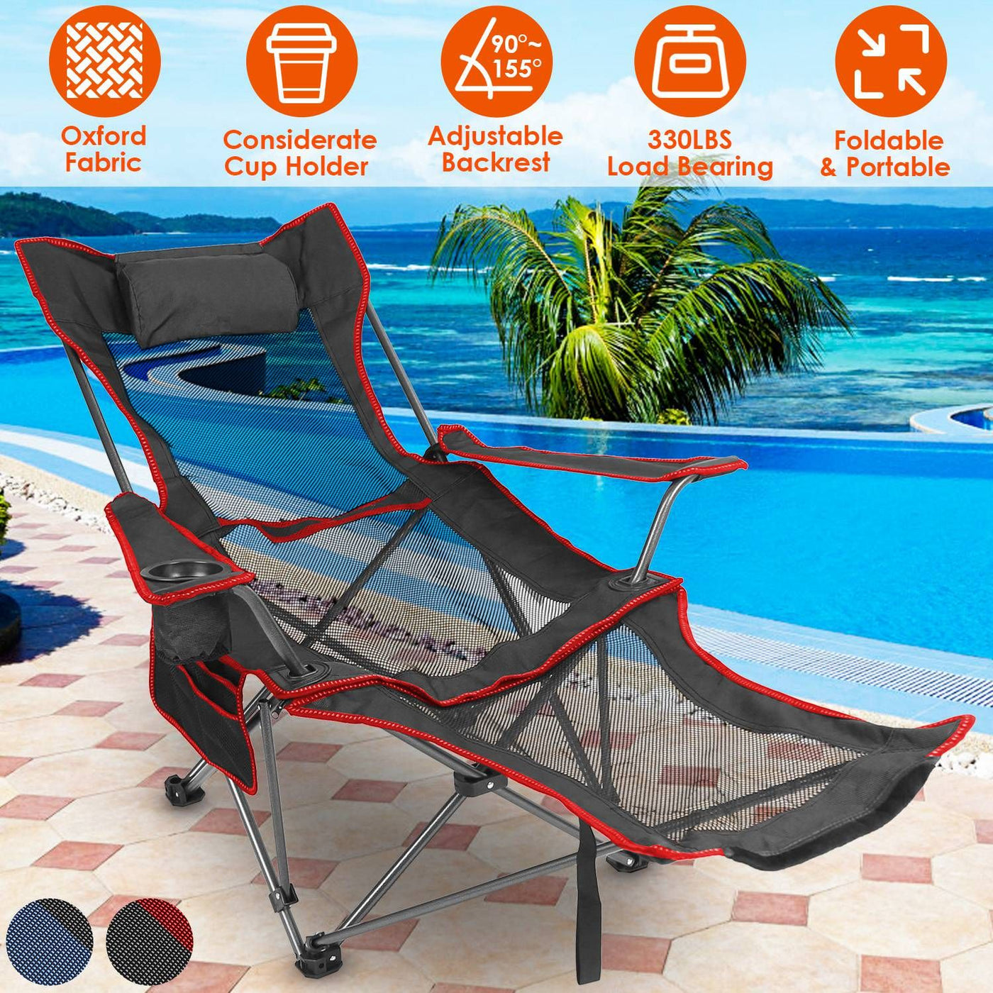 Foldable Camping Chair Collapsible Reclining Chair 330LBS Load Heavy Duty Steel Lawn Chair with Reclining Backrest Angle Cup Holder Pillow Side Pocket Carry Bag