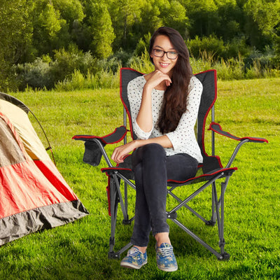 Foldable Camping Chair Collapsible Reclining Chair 330LBS Load Heavy Duty Steel Lawn Chair with Reclining Backrest Angle Cup Holder Pillow Side Pocket Carry Bag