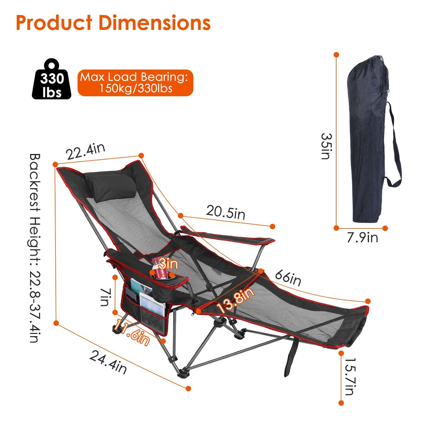 Foldable Camping Chair Collapsible Reclining Chair 330LBS Load Heavy Duty Steel Lawn Chair with Reclining Backrest Angle Cup Holder Pillow Side Pocket Carry Bag