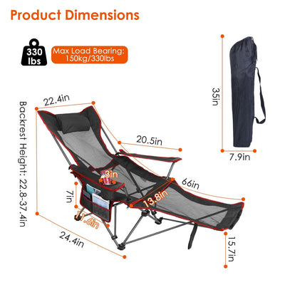Foldable Camping Chair Collapsible Reclining Chair 330LBS Load Heavy Duty Steel Lawn Chair with Reclining Backrest Angle Cup Holder Pillow Side Pocket Carry Bag