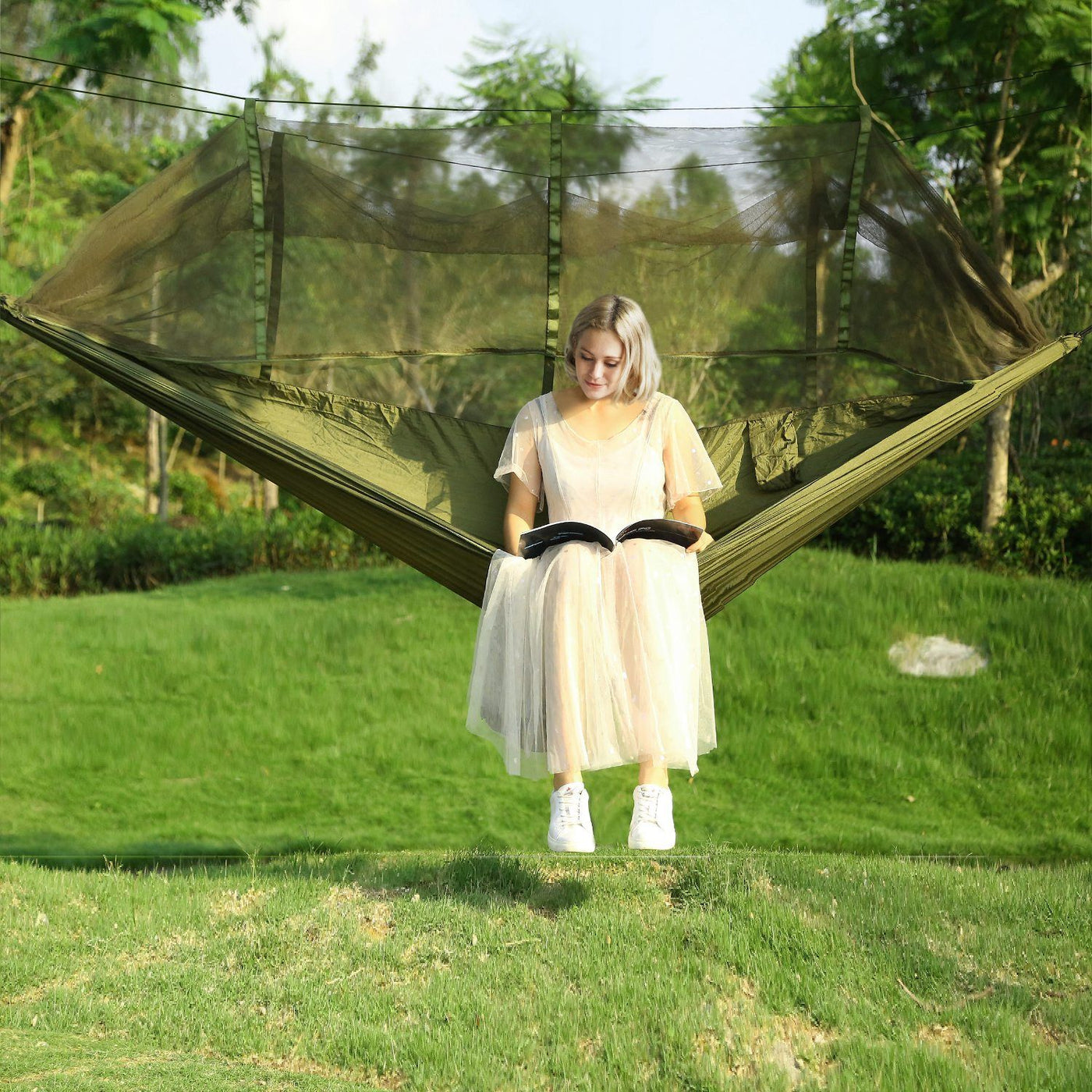 2 Persons Hammock 600LBS Max Load with Mosquito Net Outdoor Hiking Camping Hommock Portable Nylon Swing Hanging Bed