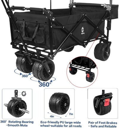 Collapsible Wagon 140L Wagons Carts Foldable with Removable Canopy, Folding Wagon Cart with Wheels for All-Terrain with Brake, Foldable Wagon with Cooler Bag, for Camping Beach Shopping