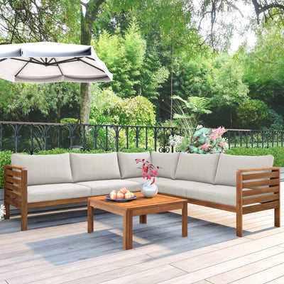 GO Wood Structure Outdoor Sofa Set with beige Cushions Exotic design Water-resistant and UV Protected texture High quality acacia wood Strong Metal Accessories