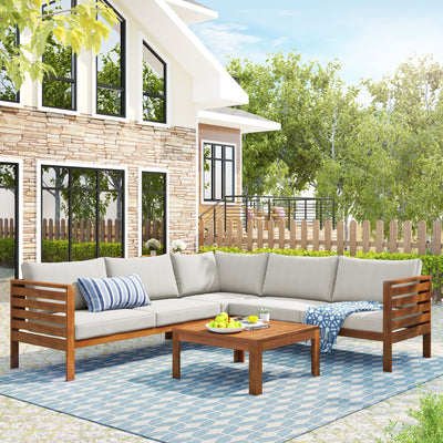 GO Wood Structure Outdoor Sofa Set with beige Cushions Exotic design Water-resistant and UV Protected texture High quality acacia wood Strong Metal Accessories