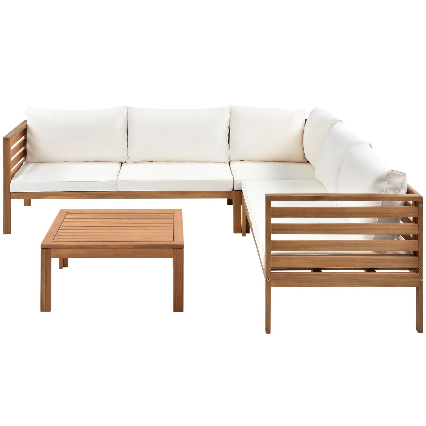 GO Wood Structure Outdoor Sofa Set with beige Cushions Exotic design Water-resistant and UV Protected texture High quality acacia wood Strong Metal Accessories