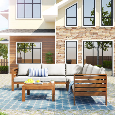 GO Wood Structure Outdoor Sofa Set with beige Cushions Exotic design Water-resistant and UV Protected texture High quality acacia wood Strong Metal Accessories