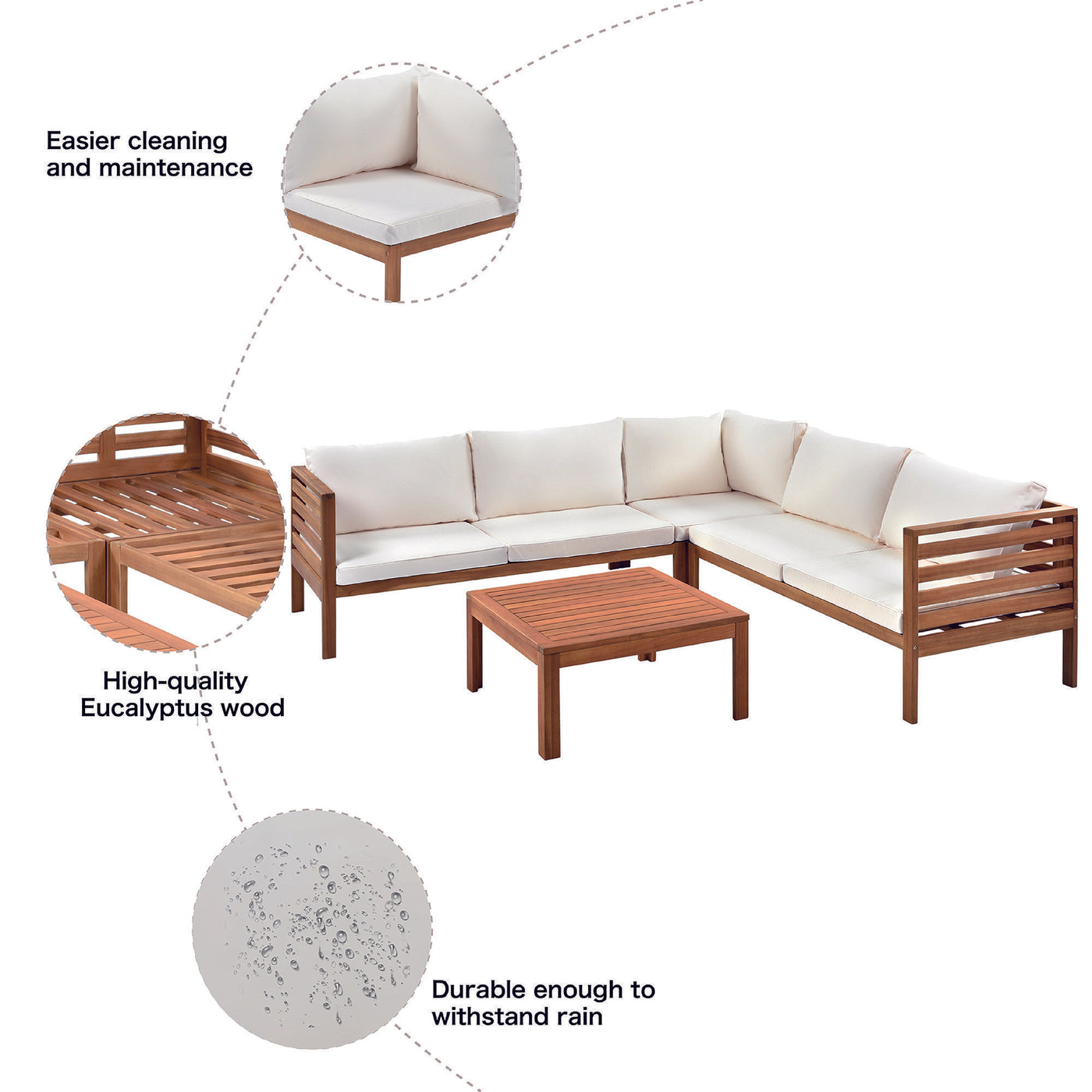 GO Wood Structure Outdoor Sofa Set with beige Cushions Exotic design Water-resistant and UV Protected texture High quality acacia wood Strong Metal Accessories
