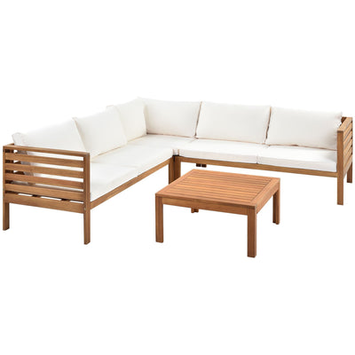 GO Wood Structure Outdoor Sofa Set with beige Cushions Exotic design Water-resistant and UV Protected texture High quality acacia wood Strong Metal Accessories