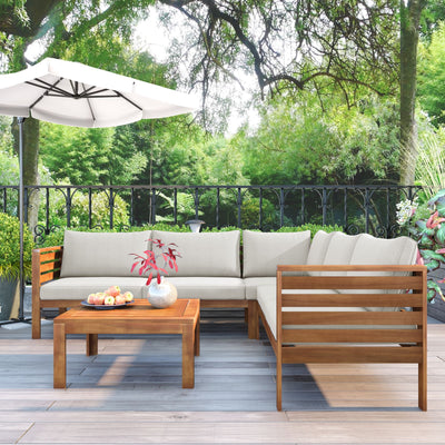 GO Wood Structure Outdoor Sofa Set with beige Cushions Exotic design Water-resistant and UV Protected texture High quality acacia wood Strong Metal Accessories