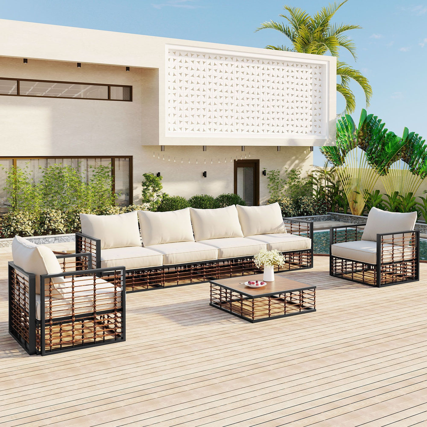 TOPMAX Modern Minimalist 7-Piece Metal Patio Sectional Sofa Set, All-Weather Garden Conversational Furniture Set with Thick Cushions and Coffee Table for Indoor Outdoor, Gray