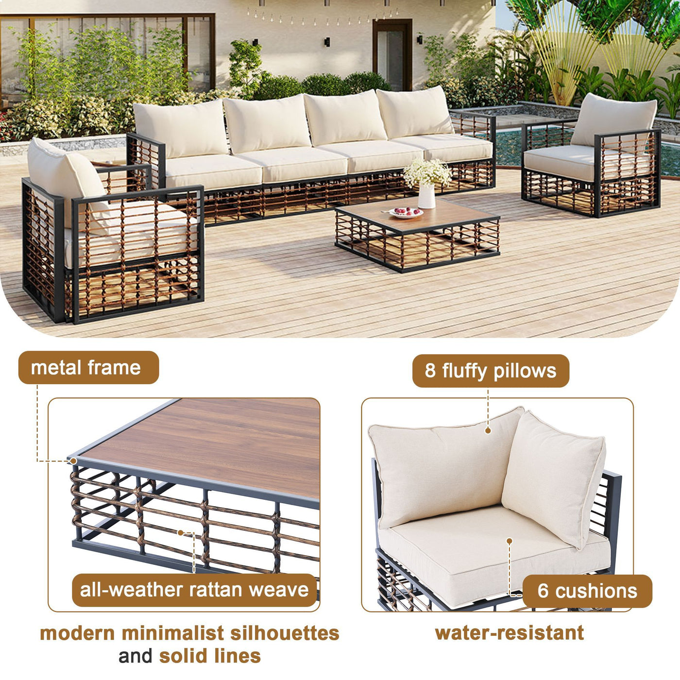 TOPMAX Modern Minimalist 7-Piece Metal Patio Sectional Sofa Set, All-Weather Garden Conversational Furniture Set with Thick Cushions and Coffee Table for Indoor Outdoor, Gray