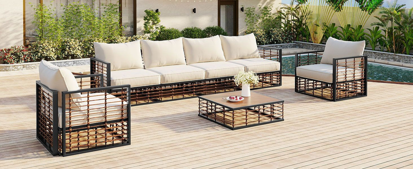 TOPMAX Modern Minimalist 7-Piece Metal Patio Sectional Sofa Set, All-Weather Garden Conversational Furniture Set with Thick Cushions and Coffee Table for Indoor Outdoor, Gray