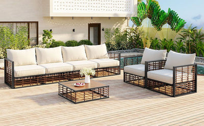 TOPMAX Modern Minimalist 7-Piece Metal Patio Sectional Sofa Set, All-Weather Garden Conversational Furniture Set with Thick Cushions and Coffee Table for Indoor Outdoor, Gray
