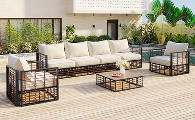 TOPMAX Modern Minimalist 7-Piece Metal Patio Sectional Sofa Set, All-Weather Garden Conversational Furniture Set with Thick Cushions and Coffee Table for Indoor Outdoor, Gray