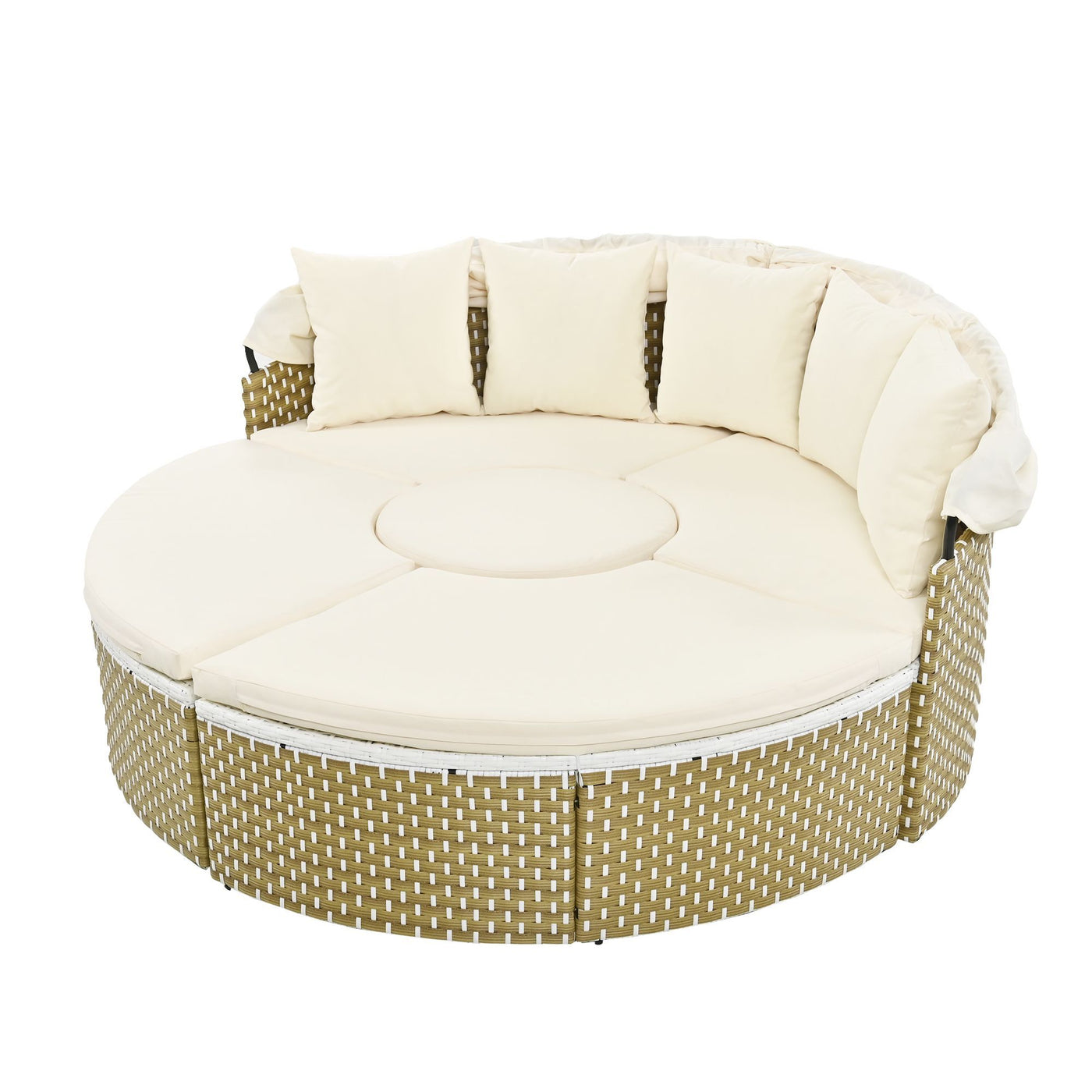 TOPMAX Patio Furniture Round Outdoor Sectional Sofa Set Rattan Daybed Two-Tone Weave Sunbed with Retractable Canopy, Separate Seating and Removable Cushion, Beige