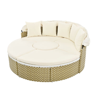 TOPMAX Patio Furniture Round Outdoor Sectional Sofa Set Rattan Daybed Two-Tone Weave Sunbed with Retractable Canopy, Separate Seating and Removable Cushion, Beige