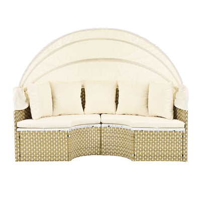 TOPMAX Patio Furniture Round Outdoor Sectional Sofa Set Rattan Daybed Two-Tone Weave Sunbed with Retractable Canopy, Separate Seating and Removable Cushion, Beige
