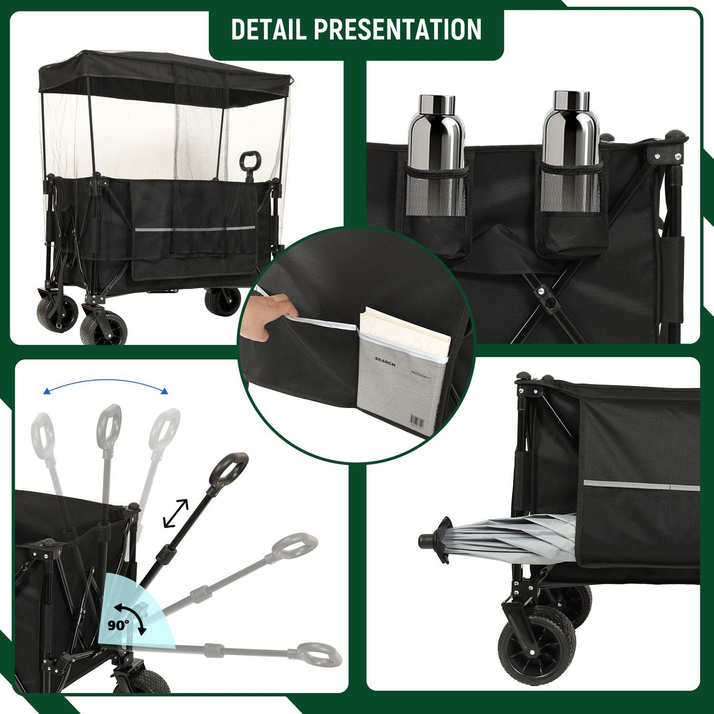 Collapsible Foldable Extended Wagon with canopy,480lbs Weight Capacity, Heavy Duty Folding Utility Garden Cart with Big All-Terrain Beach Wheels & Drink Holders,Side Pocket and Brakes ,mosquito net