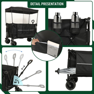 Collapsible Foldable Extended Wagon with canopy,480lbs Weight Capacity, Heavy Duty Folding Utility Garden Cart with Big All-Terrain Beach Wheels & Drink Holders,Side Pocket and Brakes ,mosquito net