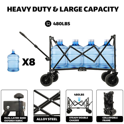 Collapsible Foldable Extended Wagon with canopy,480lbs Weight Capacity, Heavy Duty Folding Utility Garden Cart with Big All-Terrain Beach Wheels & Drink Holders,Side Pocket and Brakes ,mosquito net