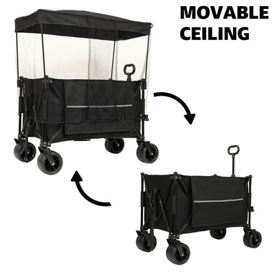 Collapsible Foldable Extended Wagon with canopy,480lbs Weight Capacity, Heavy Duty Folding Utility Garden Cart with Big All-Terrain Beach Wheels & Drink Holders,Side Pocket and Brakes ,mosquito net