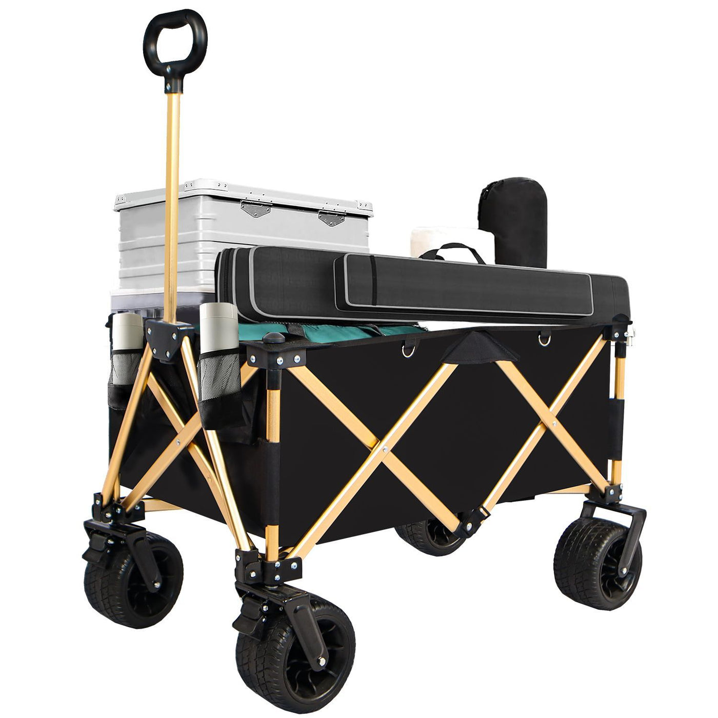aluminum alloy folding wagon, Heavy Duty Utility Beach Wagon Cart for Sand with Big Wheels, Adjustable Handle&Drink Holders for Shopping, Camping,Garden and Outdoor