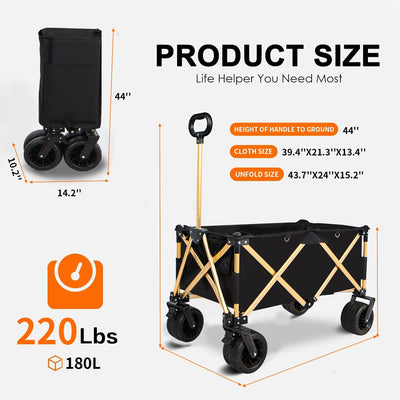 aluminum alloy folding wagon, Heavy Duty Utility Beach Wagon Cart for Sand with Big Wheels, Adjustable Handle&Drink Holders for Shopping, Camping,Garden and Outdoor