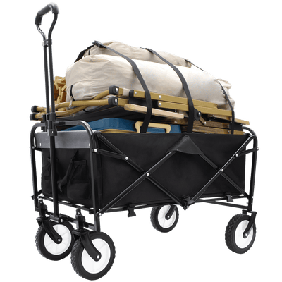 Collapsible Foldable Wagon Cart with strapping system Beach Wagon Utility Cart Utility Wagon Grocery Cart for for Camping Shopping Sports Gardeing Fishing Supports 360lbs All-Terrain Wheels black