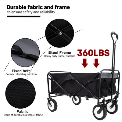 Collapsible Foldable Wagon Cart with strapping system Beach Wagon Utility Cart Utility Wagon Grocery Cart for for Camping Shopping Sports Gardeing Fishing Supports 360lbs All-Terrain Wheels black