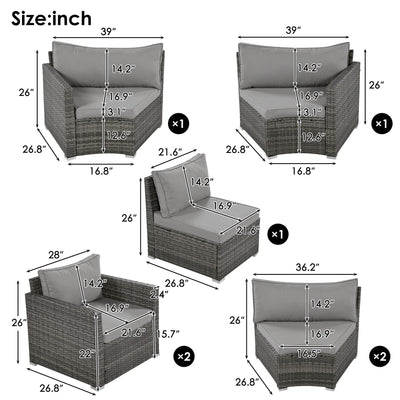 GO 9-Pieces Outdoor Half-moon Patio Sofa Set, Round Sofa Set, Modern Style Sofa, Gray Wicker