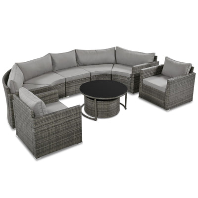 GO 9-Pieces Outdoor Half-moon Patio Sofa Set, Round Sofa Set, Modern Style Sofa, Gray Wicker