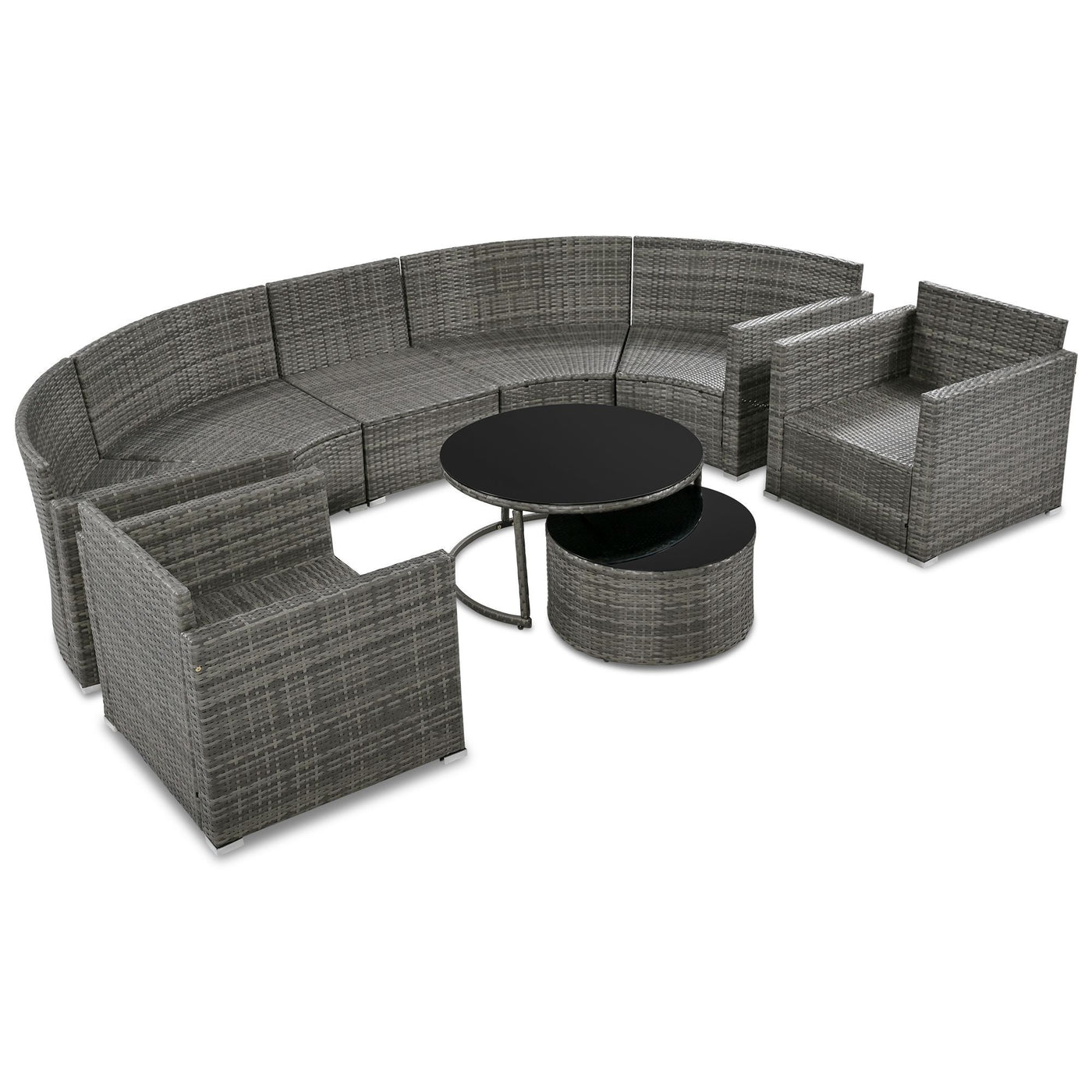 GO 9-Pieces Outdoor Half-moon Patio Sofa Set, Round Sofa Set, Modern Style Sofa, Gray Wicker