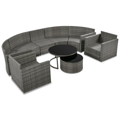 GO 9-Pieces Outdoor Half-moon Patio Sofa Set, Round Sofa Set, Modern Style Sofa, Gray Wicker
