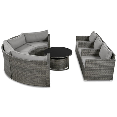 GO 9-Pieces Outdoor Half-moon Patio Sofa Set, Round Sofa Set, Modern Style Sofa, Gray Wicker