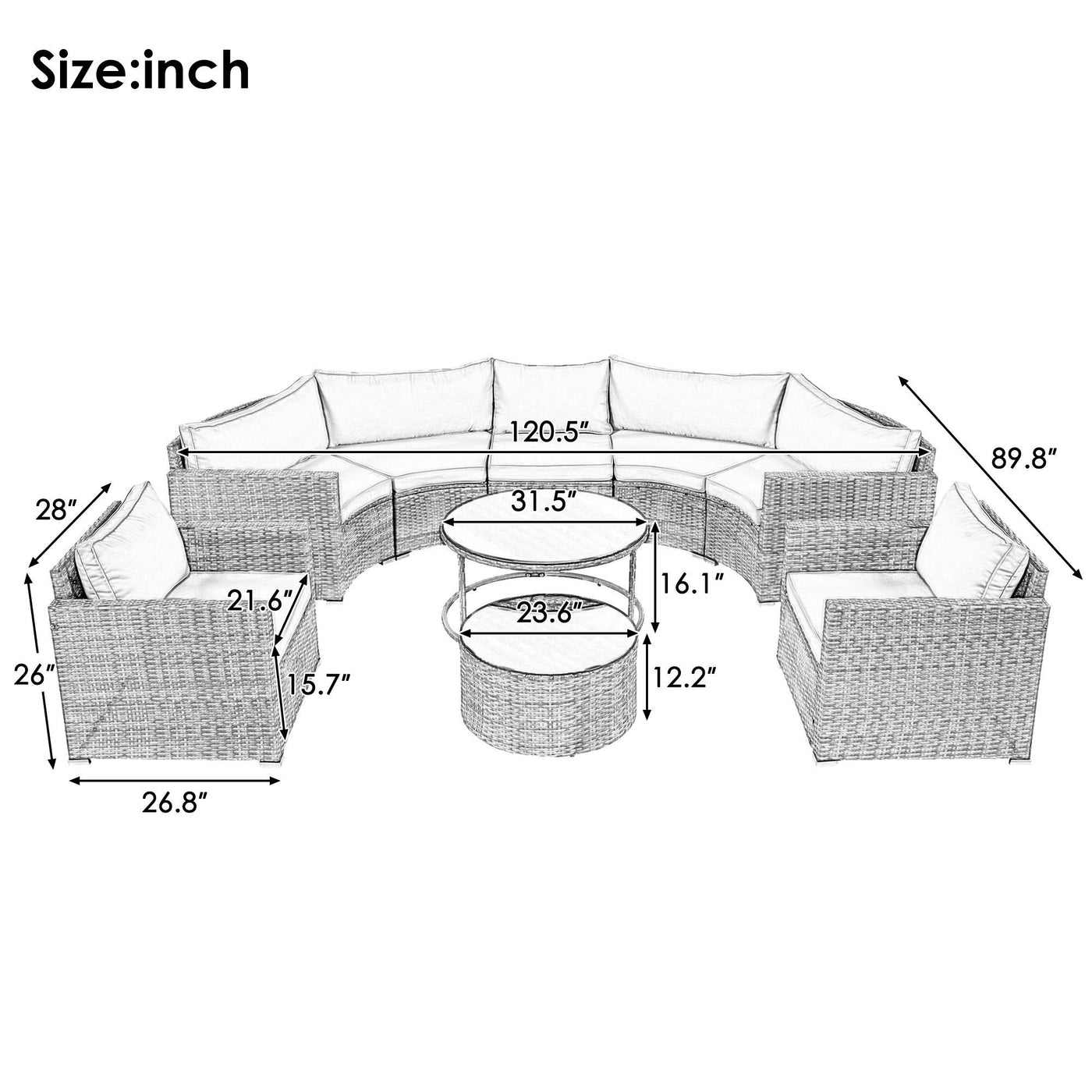 GO 9-Pieces Outdoor Half-moon Patio Sofa Set, Round Sofa Set, Modern Style Sofa, Gray Wicker