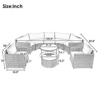 GO 9-Pieces Outdoor Half-moon Patio Sofa Set, Round Sofa Set, Modern Style Sofa, Gray Wicker