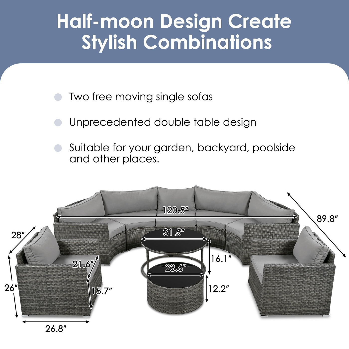 GO 9-Pieces Outdoor Half-moon Patio Sofa Set, Round Sofa Set, Modern Style Sofa, Gray Wicker