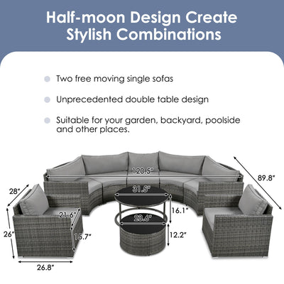 GO 9-Pieces Outdoor Half-moon Patio Sofa Set, Round Sofa Set, Modern Style Sofa, Gray Wicker