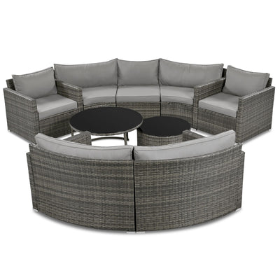 GO 9-Pieces Outdoor Half-moon Patio Sofa Set, Round Sofa Set, Modern Style Sofa, Gray Wicker