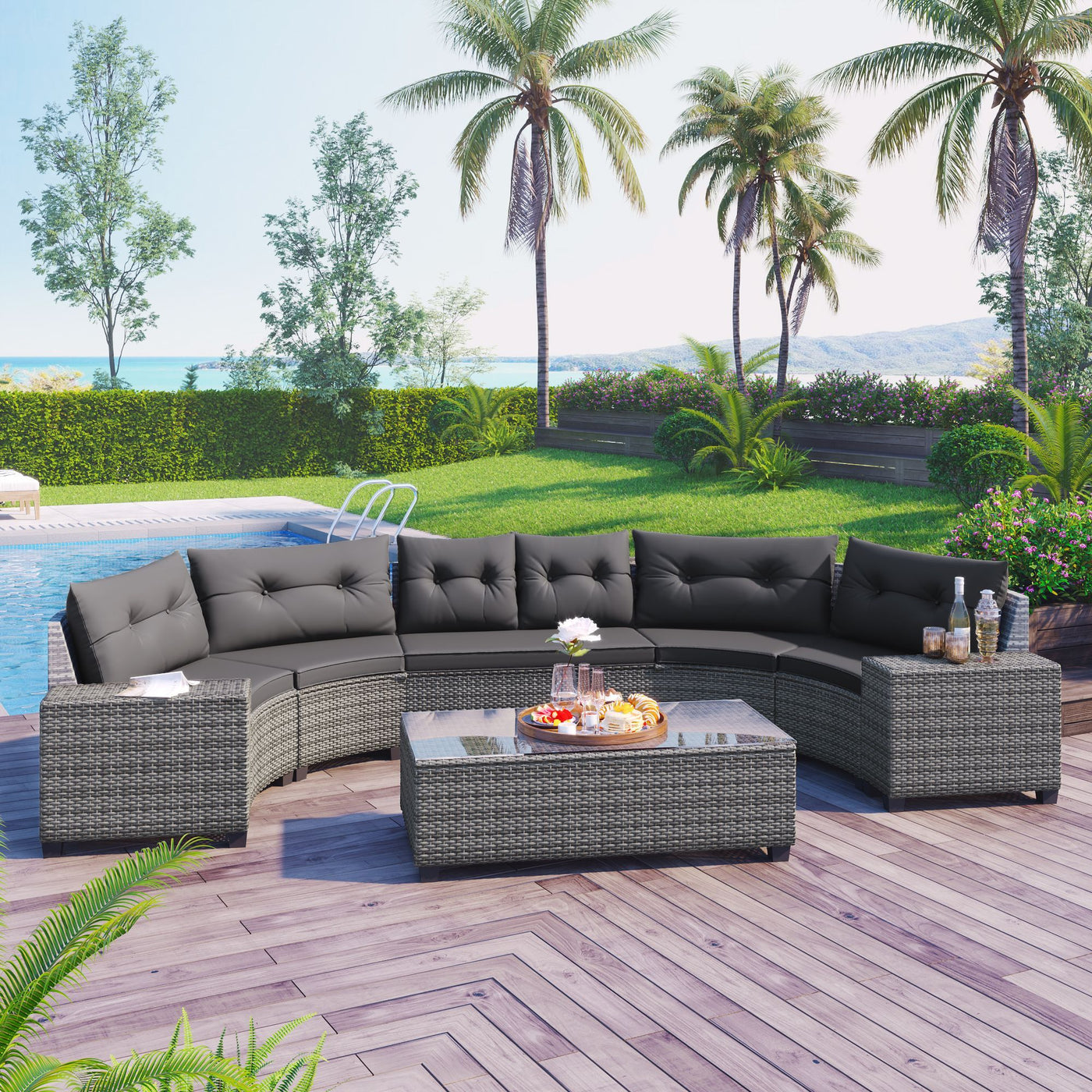 GO 8-pieces Outdoor Wicker Round Sofa Set, Half-Moon Sectional Sets All Weather, Curved Sofa Set With Rectangular Coffee Table, PE Rattan Water-resistant and UV Protected, Movable Cushion, Gray