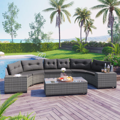 GO 8-pieces Outdoor Wicker Round Sofa Set, Half-Moon Sectional Sets All Weather, Curved Sofa Set With Rectangular Coffee Table, PE Rattan Water-resistant and UV Protected, Movable Cushion, Gray