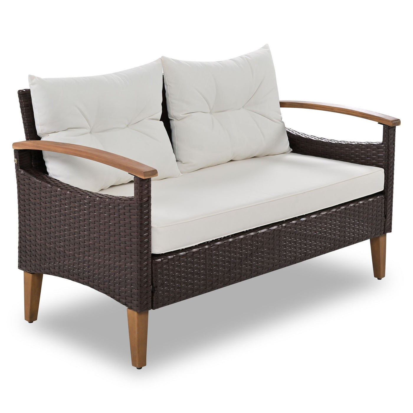 GO 4-Piece Garden Furniture, Patio Seating Set, PE Rattan Outdoor Sofa Set, Wood Table and Legs, Brown and Beige
