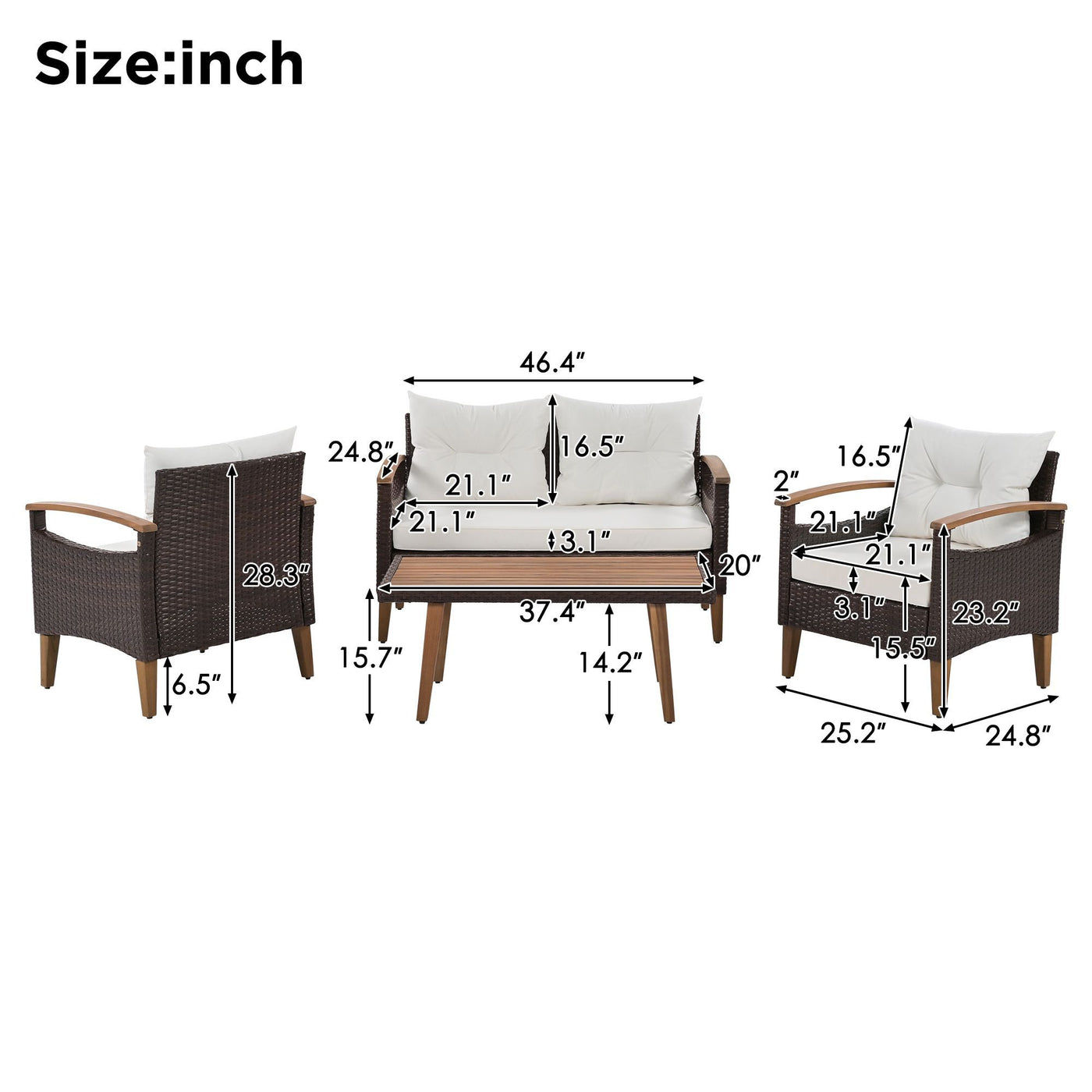 GO 4-Piece Garden Furniture, Patio Seating Set, PE Rattan Outdoor Sofa Set, Wood Table and Legs, Brown and Beige
