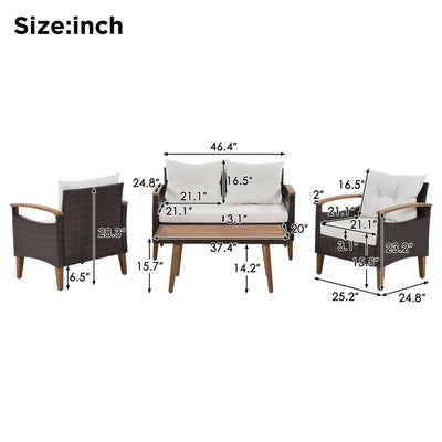 GO 4-Piece Garden Furniture, Patio Seating Set, PE Rattan Outdoor Sofa Set, Wood Table and Legs, Brown and Beige