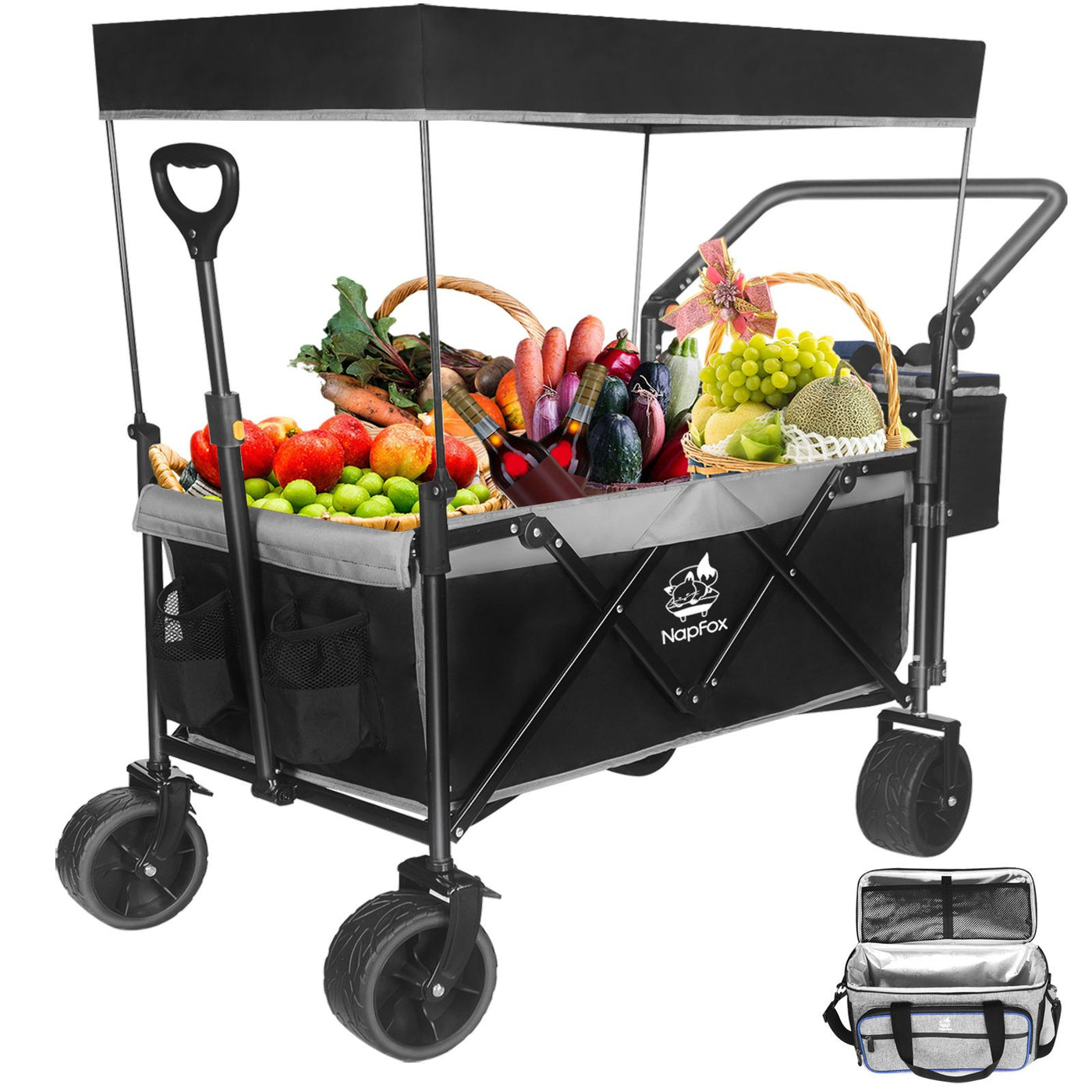 Collapsible Wagon 140L Wagons Carts Foldable with Removable Canopy, Folding Wagon Cart with Wheels for All-Terrain with Brake, Foldable Wagon with Cooler Bag, for Camping Beach Shopping