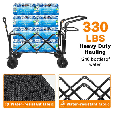 Collapsible Wagon 140L Wagons Carts Foldable with Removable Canopy, Folding Wagon Cart with Wheels for All-Terrain with Brake, Foldable Wagon with Cooler Bag, for Camping Beach Shopping